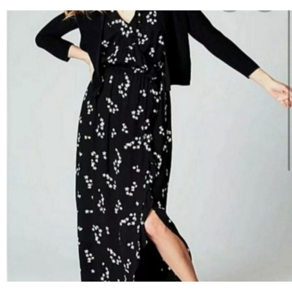 J.Jill Womens XL Petite Black Sleeveless Faux Wrap Maxi Dress Star Floral Ruffle - Picture 7 of 11